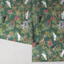 Australia Wallpaper • Cockatoos, Koalas, Parrots, Finches • Milton & King USA • Green Wallpaper Roll