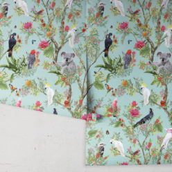 Australia Wallpaper • Cockatoos, Koalas, Parrots, Finches • Milton & King USA • Mint Green Wallpaper Roll