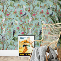 Australia Wallpaper • Cockatoos, Koalas, Parrots, Finches • Milton & King USA • Mint Green Wallpaper Insitu