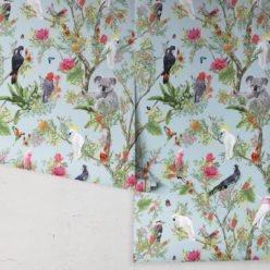 Australia Wallpaper • Cockatoos, Koalas, Parrots, Finches • Milton & King USA • Aqua Wallpaper Roll