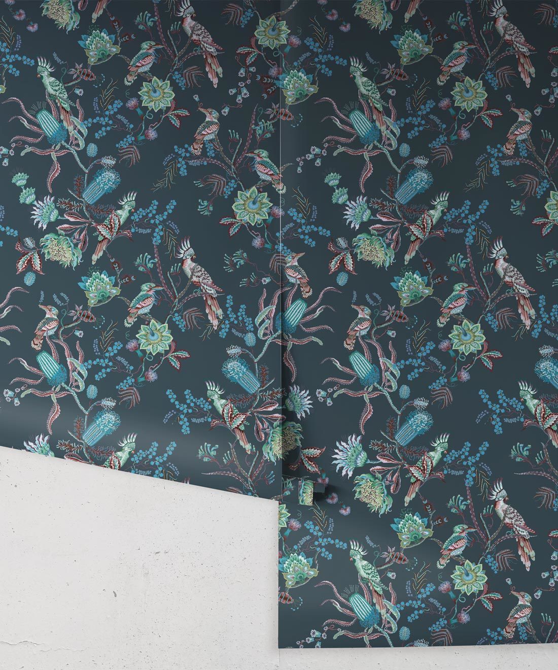 Matilda Wallpaper • Cockatoo, kookaburra • Australian Wallpaper • Milton & King USA • Deep Blue Roll