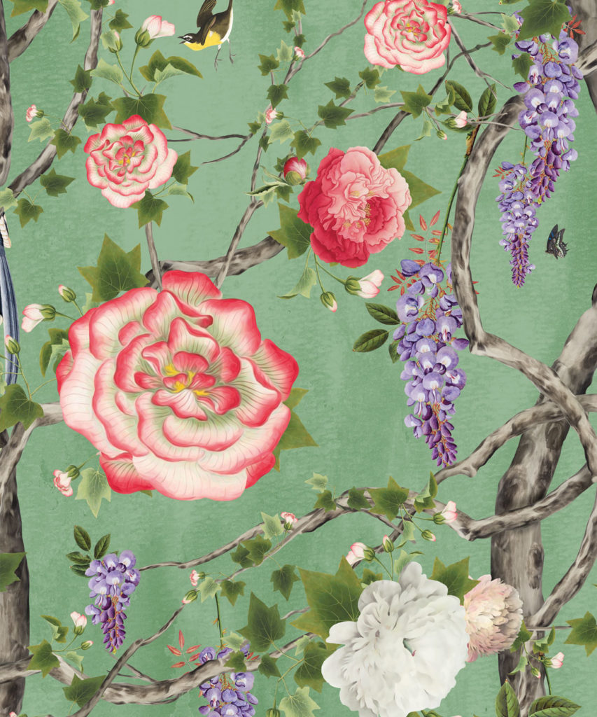 Empress Wallpaper • Romantic Wallpaper • Floral Wallpaper • Chinoiserie Wallpaper • Tea Garden Green colour wallpaper swatch