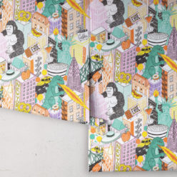 New York Wallpaper by Jacqueline Colley featuring Godzilla, King Kong, a UFO, buildings and the statue of liberty rolls