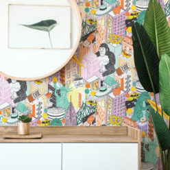 New York Wallpaper by Jacqueline Colley featuring Godzilla, King Kong, a UFO, buildings and the statue of liberty insitu