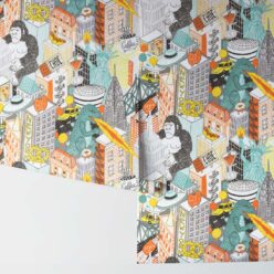New York City Wallpaper by Jacqueline Colley featuring Godzilla, King Kong, a UFO, buildings and the statue of liberty • Grey • Rolls