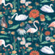 Pond Pattern Wallpaper featuring alligators, swans, flamingos and lily pads • Dark •swatch