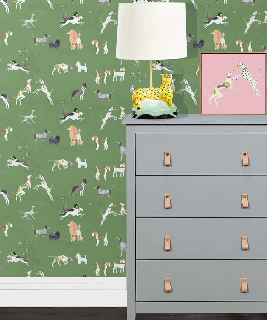 Doggies Wallpaper • Dog Wallpaper • Green • Insitu with lamp