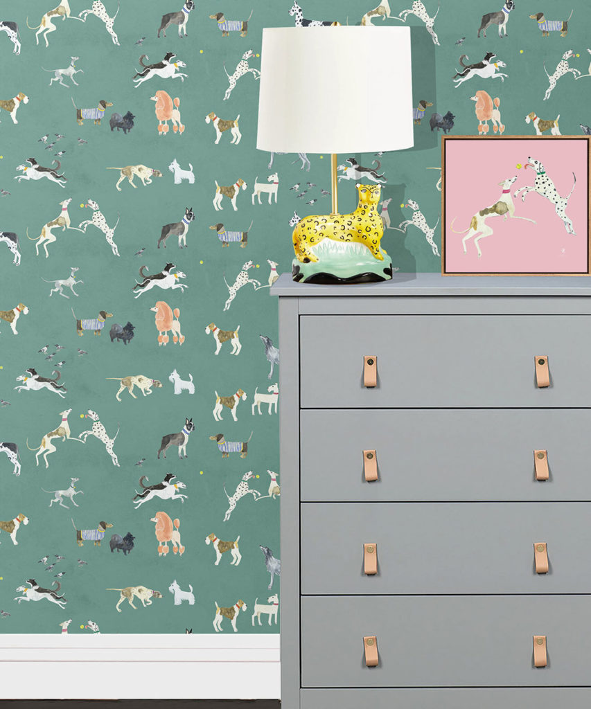 Doggies Wallpaper • Dog Wallpaper • Turquoise • Insitu with lamp on dresser