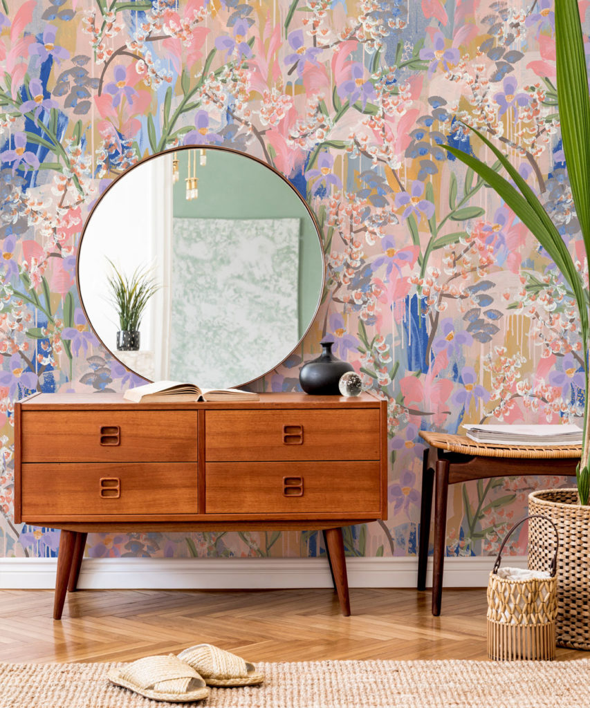Daphne Wallpaper • Colourful Floral Wallpaper • Tiff Manuell • Abstract Expressionist Wallpaper • Close Up Insitu