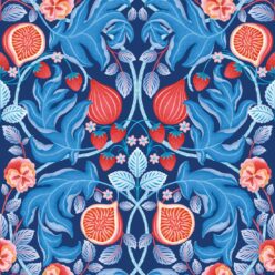 Figs & Strawberries Wallpaper • Botanical Fruit Wallpaper • Blue & Orange • Swatch