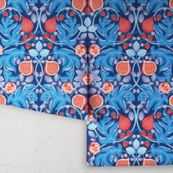 Figs & Strawberries Wallpaper • Botanical Fruit Wallpaper • Blue & Orange • Roll
