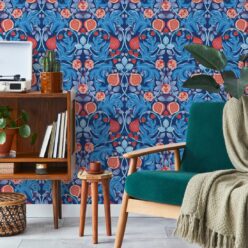 Figs & Strawberries Wallpaper • Botanical Fruit Wallpaper • Blue & Orange • Insitu