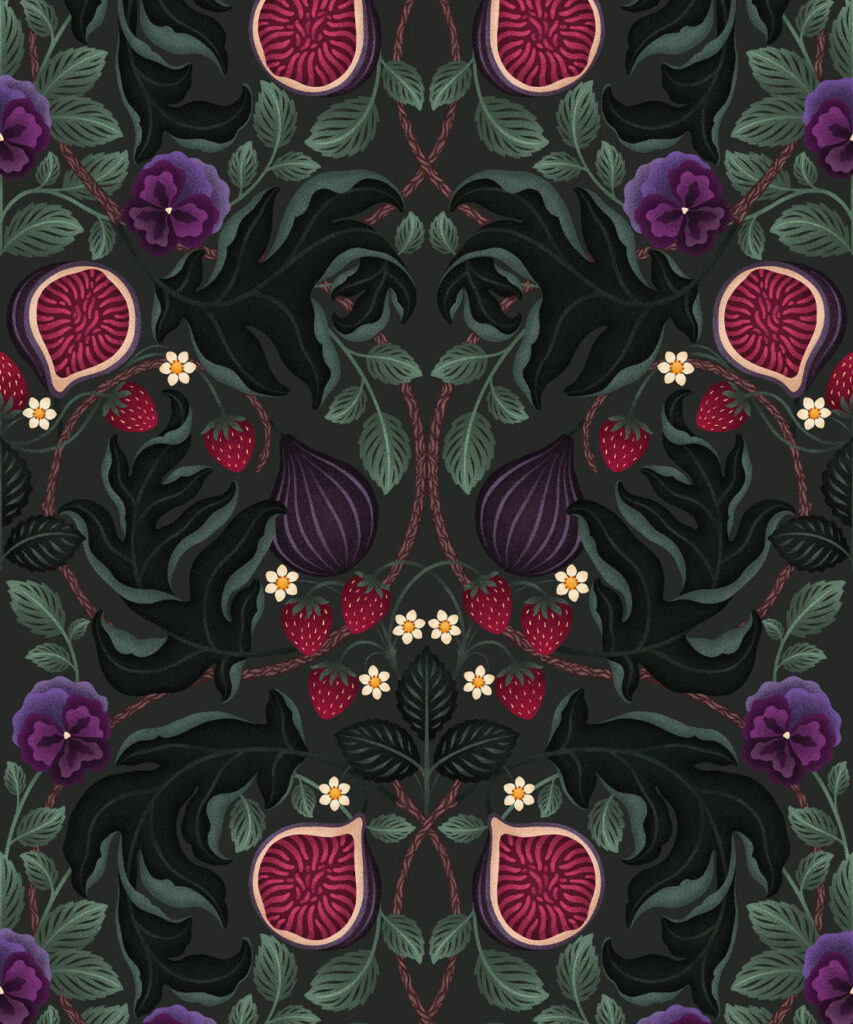 Figs & Strawberries Wallpaper • Botanical Fruit Wallpaper • Forest Green • Swatch