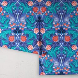Figs & Strawberries Wallpaper • Botanical Fruit Wallpaper • Medium Blue • Roll