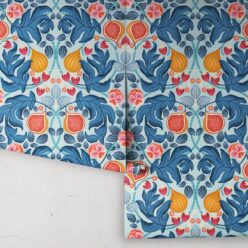 Figs & Strawberries Wallpaper • Botanical Fruit Wallpaper • Powder Blue & Ocre • Roll