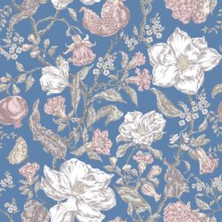 Magnolia Garden Wallpaper • Floral Wallpaper with Pomegranates • Iryna Ruggeri • Blue • Swatch