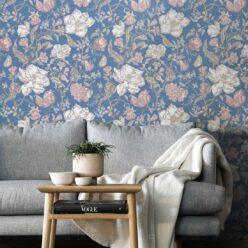 Magnolia Garden Wallpaper • Floral Wallpaper with Pomegranates • Iryna Ruggeri • Blue • Insitu
