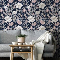 Magnolia Garden Wallpaper • Floral Wallpaper with Pomegranates • Iryna Ruggeri • Navy • Insitu