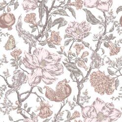 Magnolia Garden Wallpaper • Floral Wallpaper with Pomegranates • Iryna Ruggeri • White • Swatch