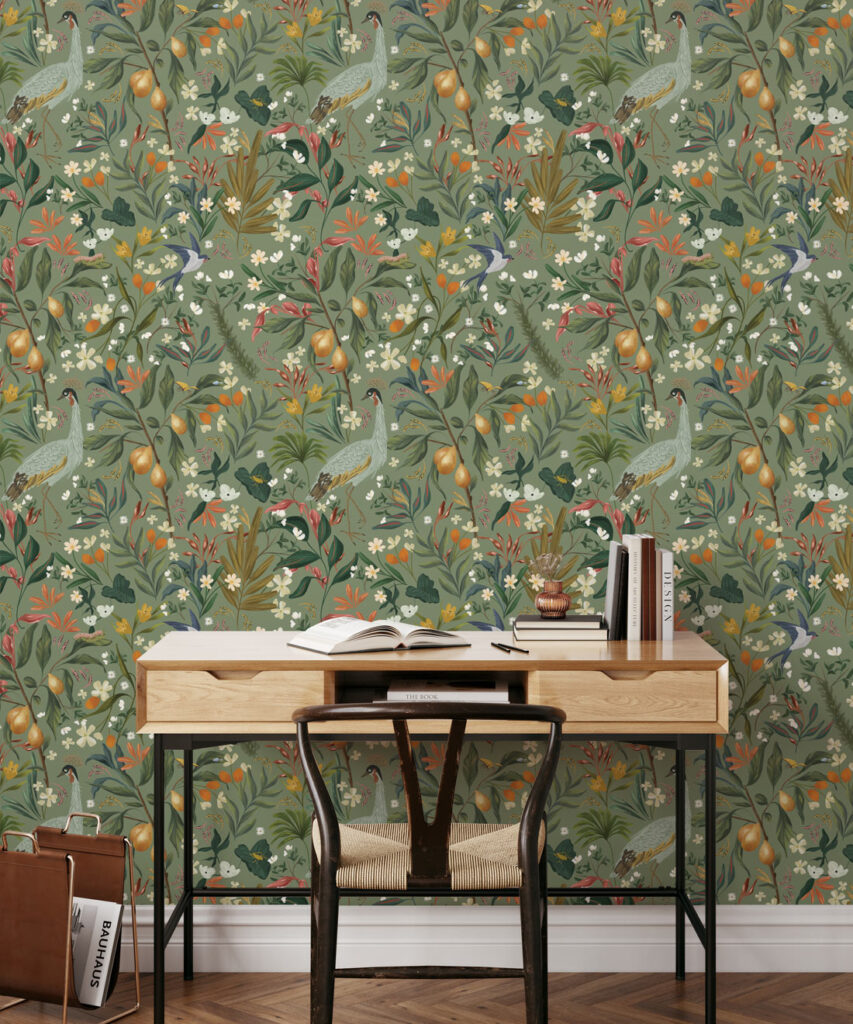 Balearic Cranes Wallpaper • Sage • Insitu