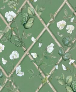 Grande Climbing Sweet Pea Wallpaper • Dark Green & Cane • Swatch