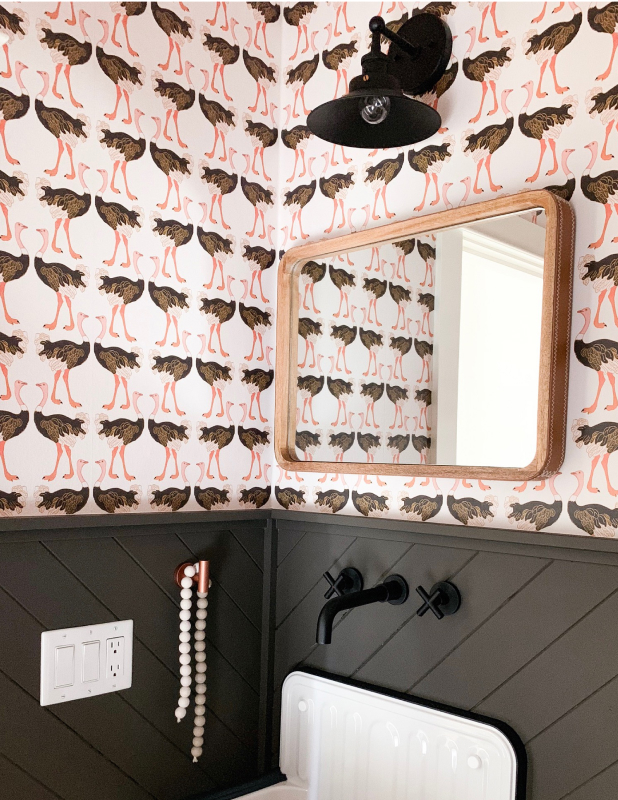 Ostrich Strut Wallpaper in a Powder Room by Girl and Grey