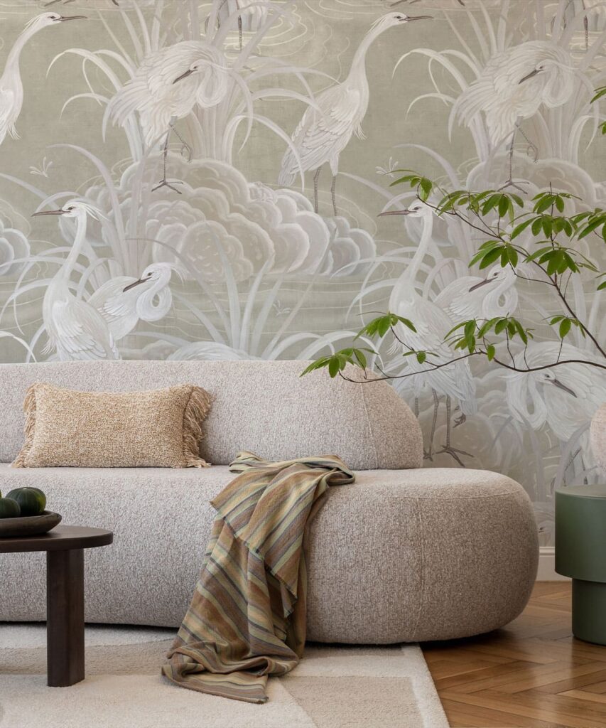 Grande Water Birds Wallpaper - Bethany Linz - My Sydney Collection - Colourway: Beige - Insitu