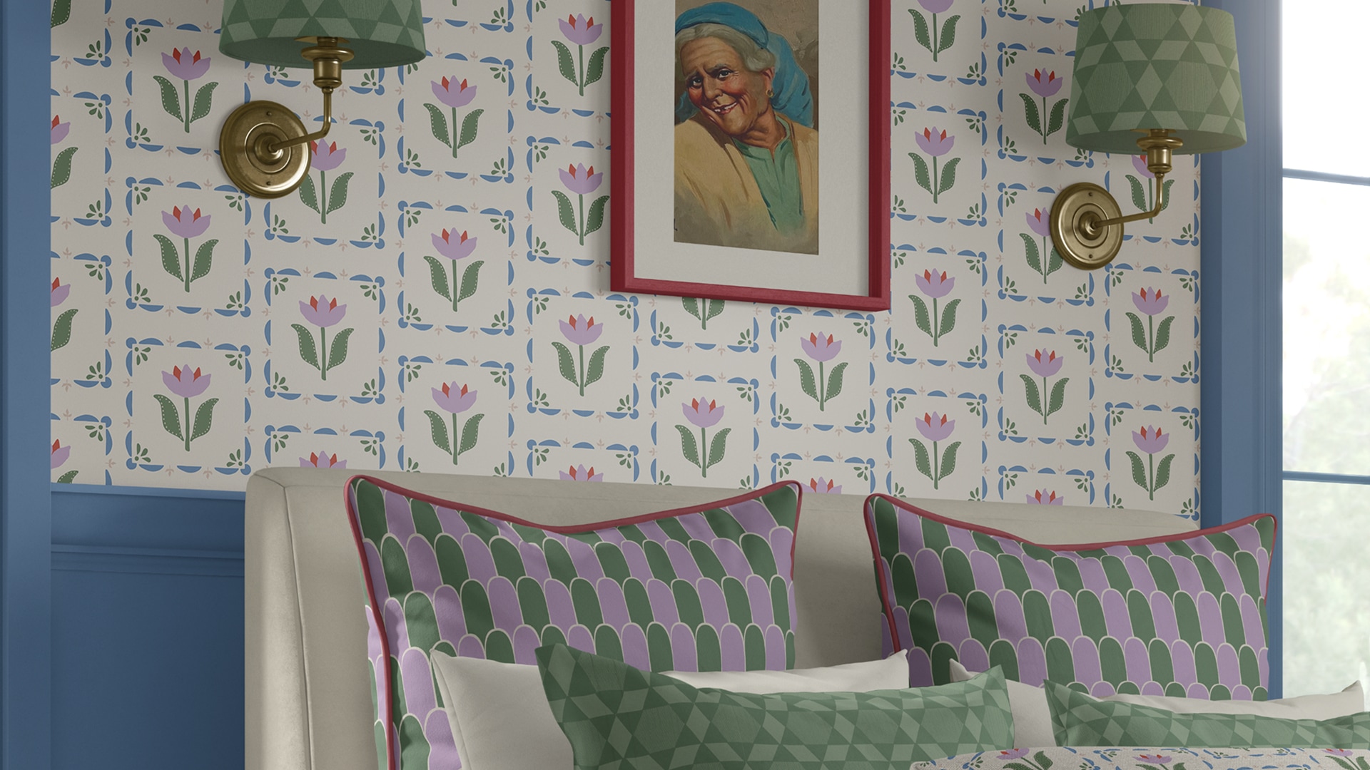 Gray Benko Wallpaper | Flora Wallpaper | Colourway: Lavender & Green | Anything But Basic Collection | Gray Benko x Milton&King | Insitu