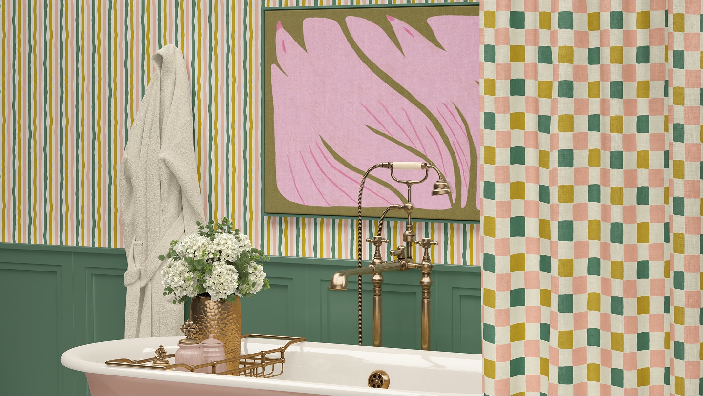 Gray Benko Wallpaper 1 | Can’t Keep It Straight Wallpaper | Colourway: Chartreuse, Green & Pink | Anything But Basic Collection | Gray Benko x Milton&King | Insitu