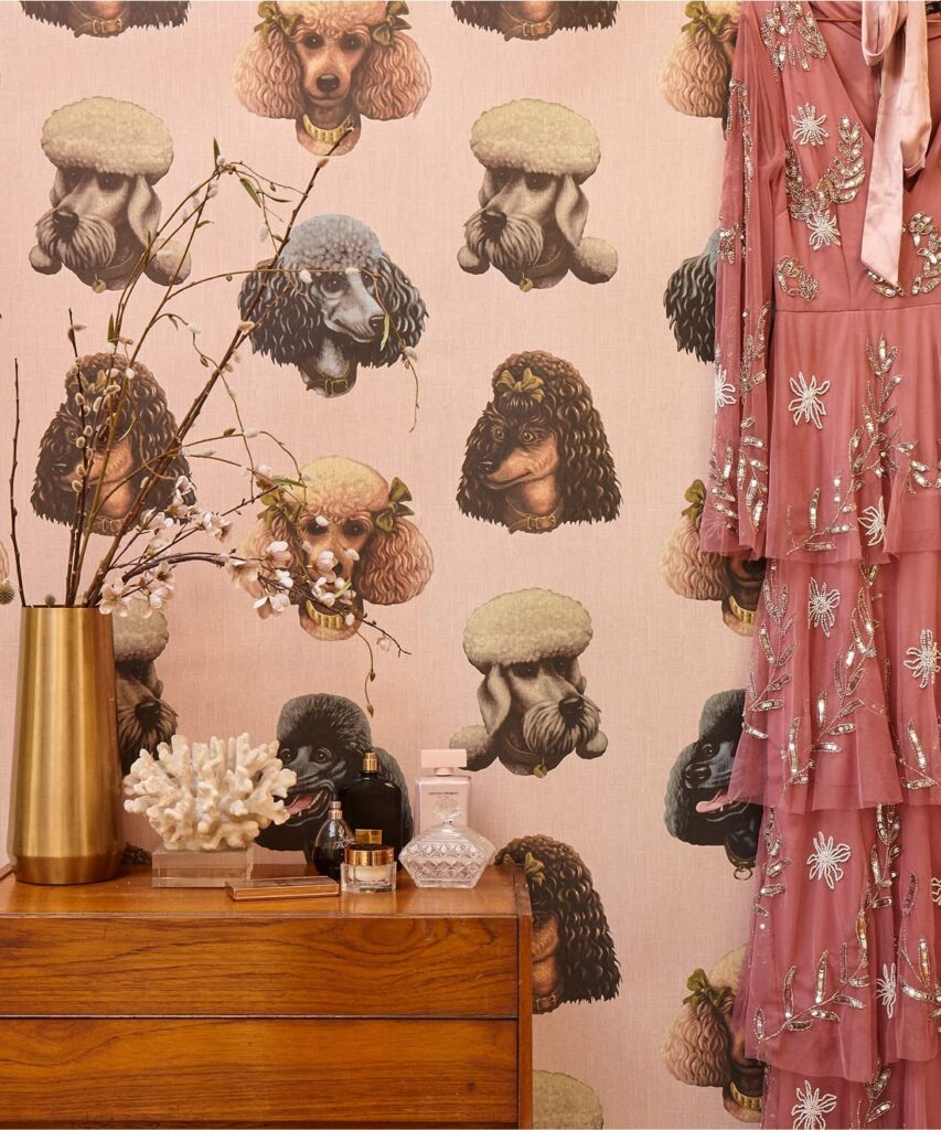 Poodle Parlour Wallpaper - Colorway: Pink Paws - Poodle & Blonde Collection - Insitu