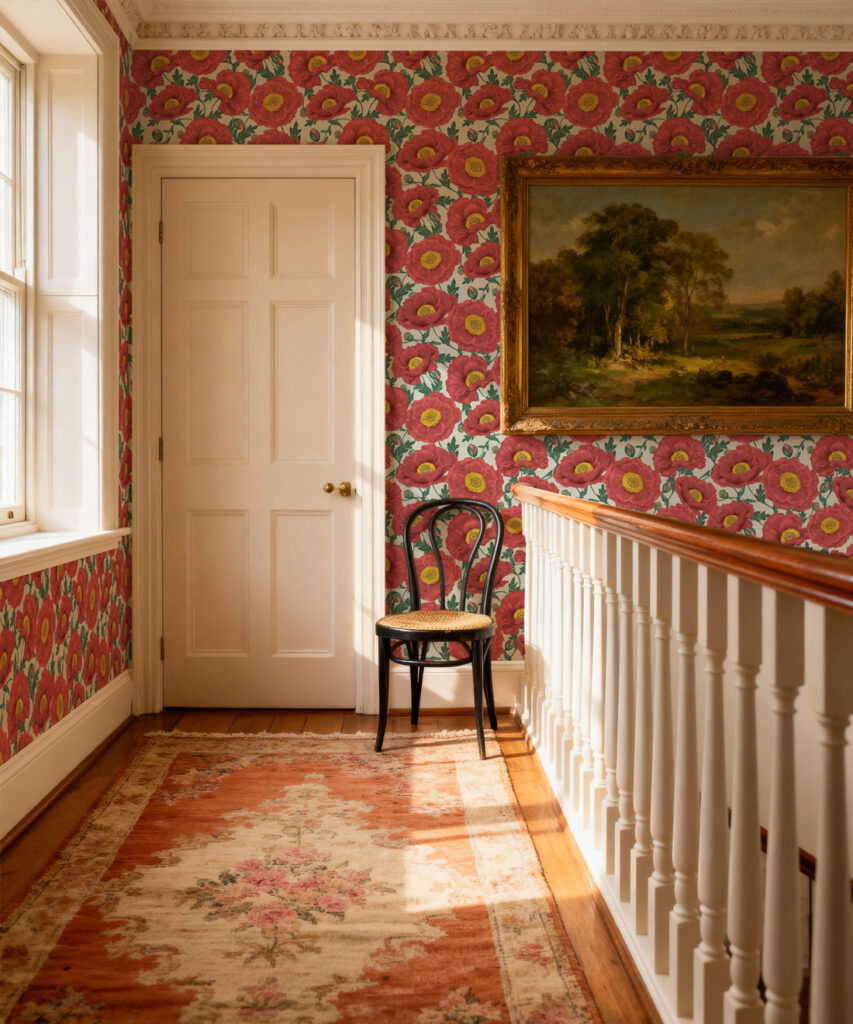 Magic Garden Collection by Kingdom Home - Papaver Wallpaper - Colourway: Vermilion Grove - Insitu