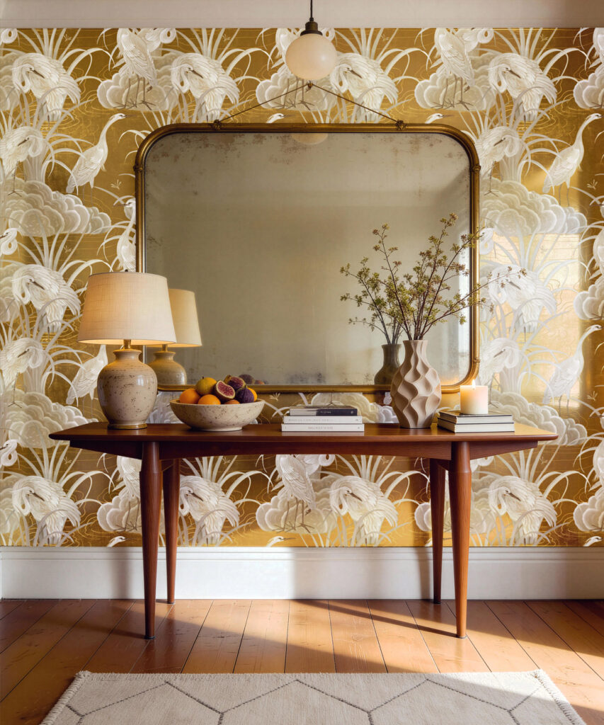 Water Birds Metallic Wallpaper - Colourway: Gold - Insitu