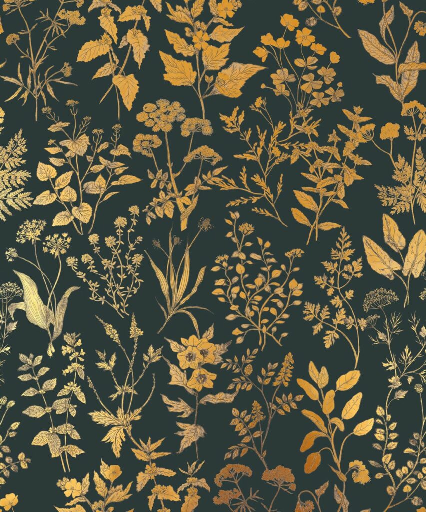Herbarium Antique Metallic Wallpaper - Colourway: Forest Green (Gold) - Swatch
