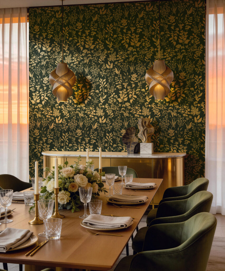 Herbarium Antique Metallic Wallpaper - Colourway: Forest Green (Gold) - Insitu