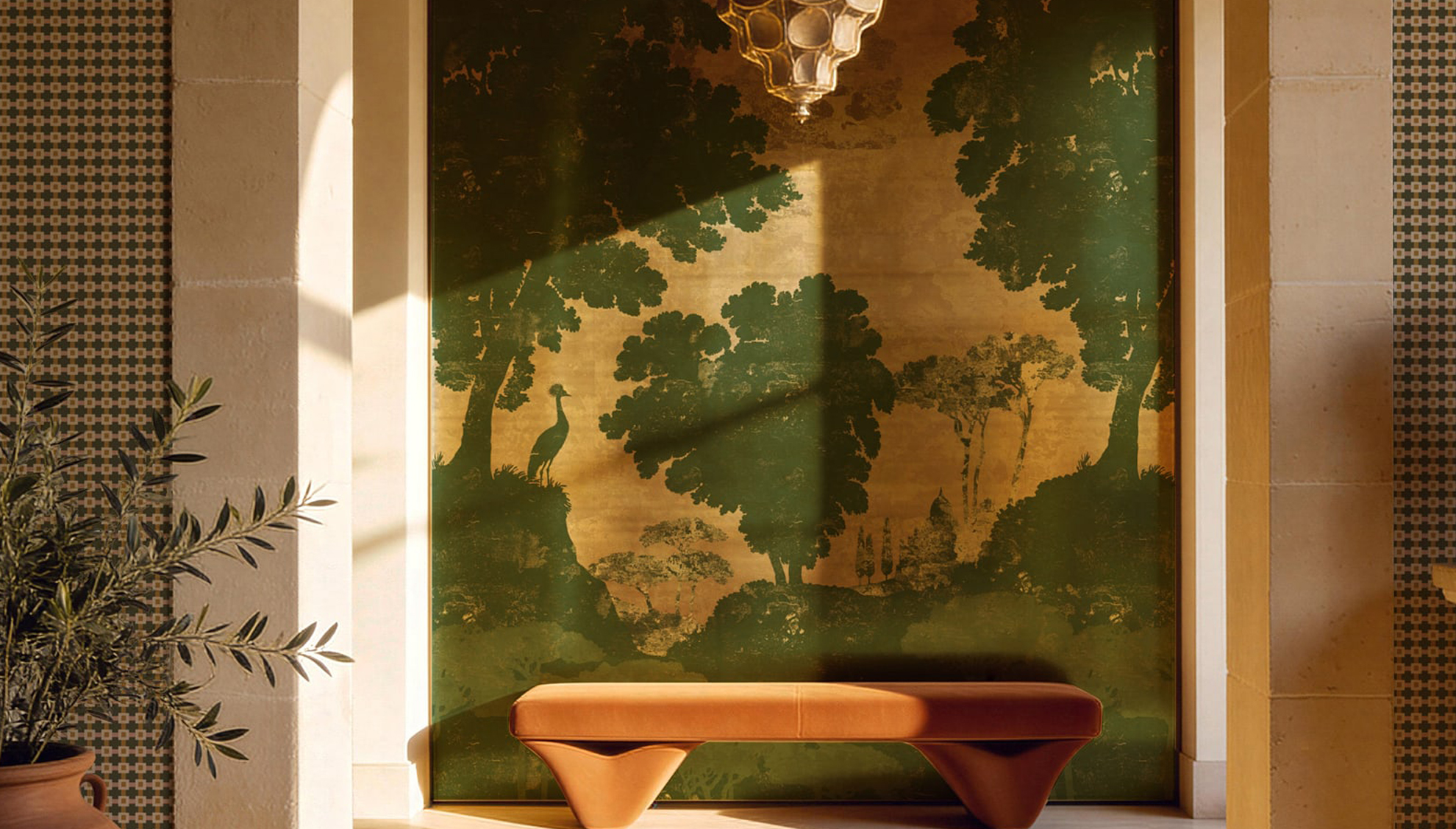 Tuscan Landscape Metallic Wallpaper with a gold background and green print. In front of the wallpaper is a low profile terracotta bench. On the left side of the image is a small potted plant that appears to be an olive tree.