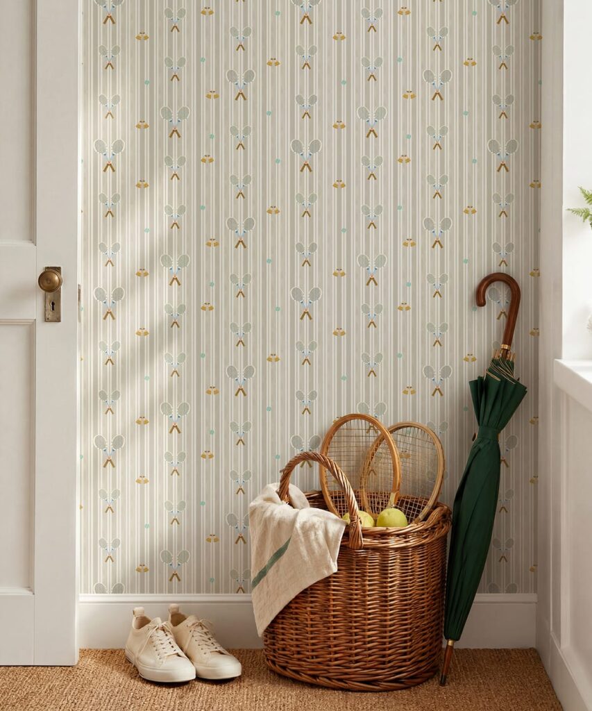 The Tennis Club Stripe Wallpaper - Colourway: Shell - Insitu