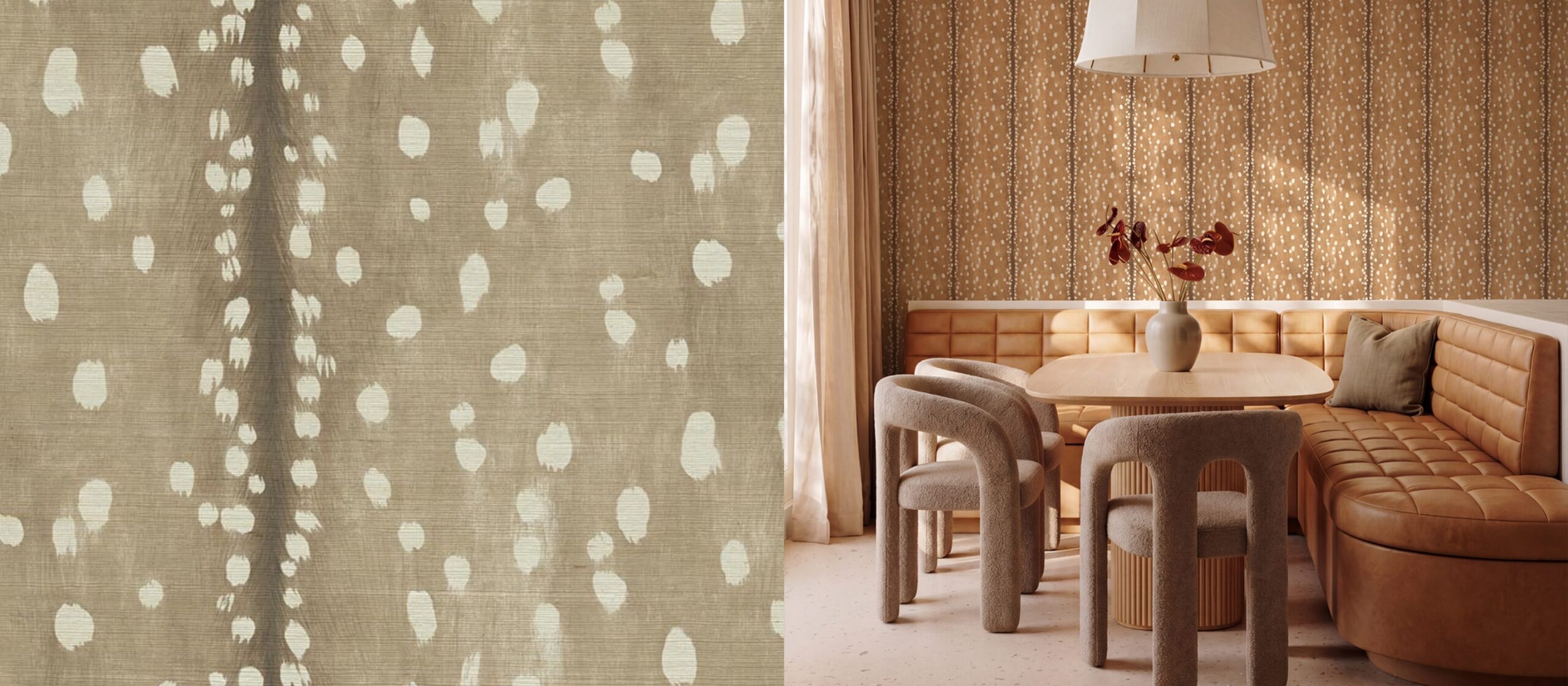 Split image of grasscloth wallpaper installed and close up