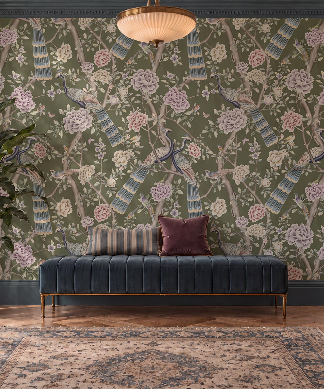 Peacock Pavilion Wallpaper - Colourway: Olive - Insitu